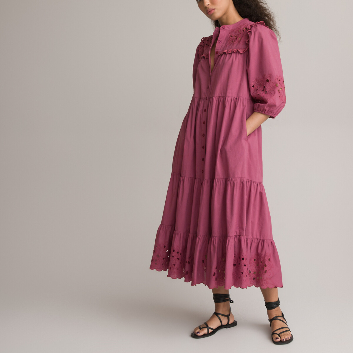 Платье-макси На пуговицах с вышивкой 58 розовый LaRedoute, размер 58 - фото 2