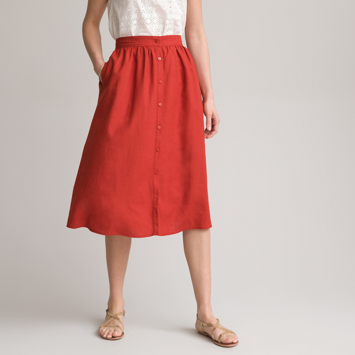Длинная Широкая юбка из льна 42 (FR) - 48 (RUS) красный