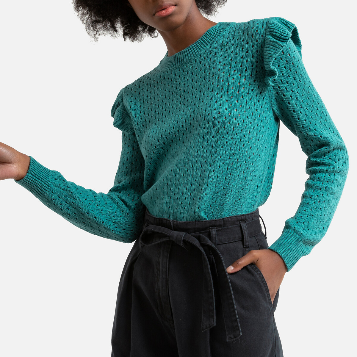Пуловер La Redoute С приспущенными плечами из тонкого ажурного трикотажа L зеленый, размер L - фото 1