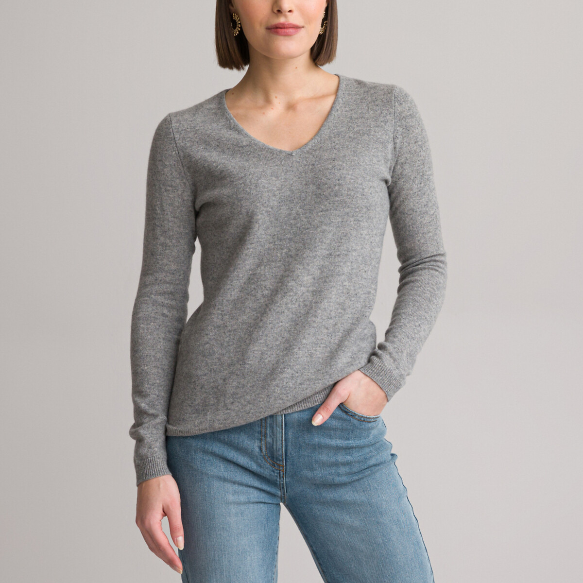 Пуловер С V-образным вырезом из тонкого трикотажа 100 кашемир 34/36 (FR) - 40/42 (RUS) серый