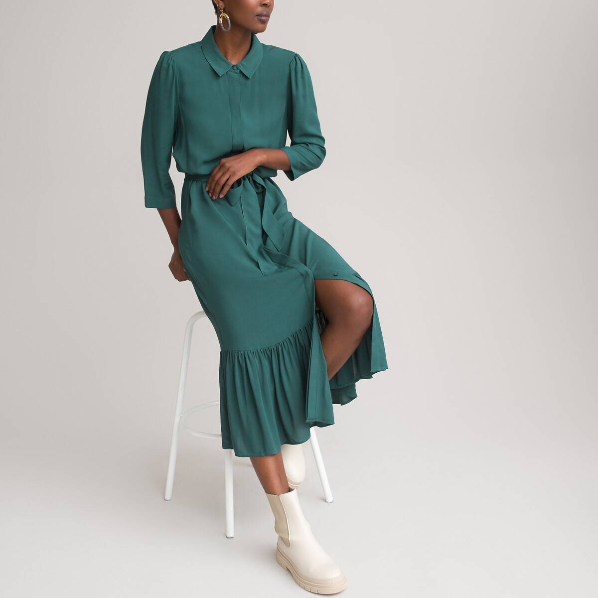 Платье-рубашка LA REDOUTE COLLECTIONS Длинное низ с воланом 50 зеленый, размер 50 - фото 2