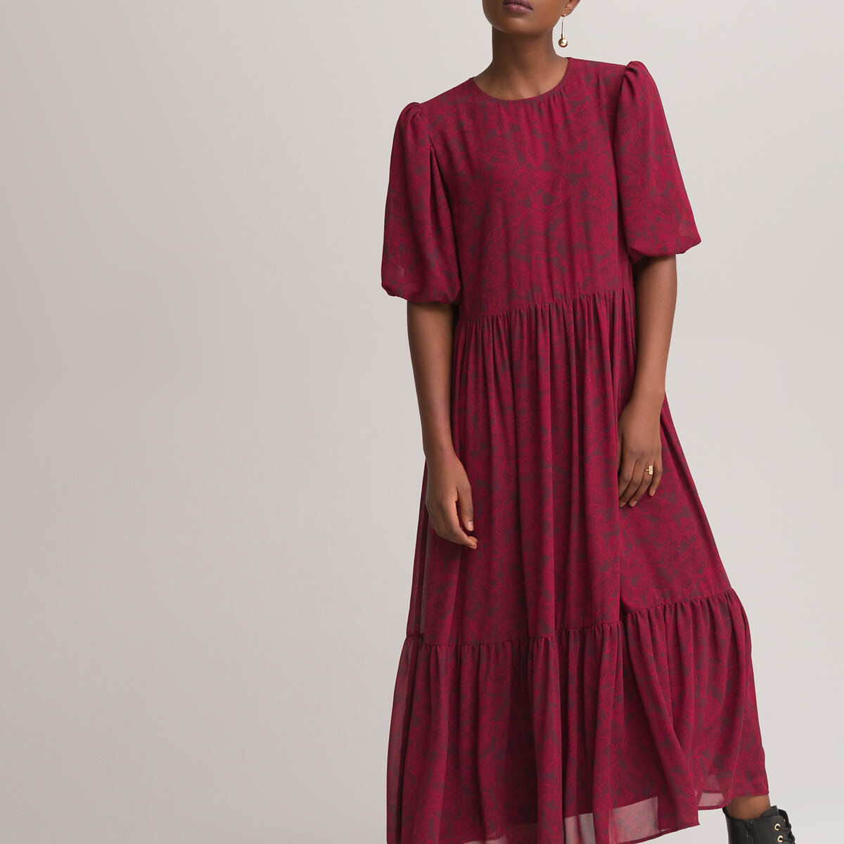 Платье LaRedoute Длинное с воланами круглый вырез короткие рукава 44 красный, размер 44 - фото 3