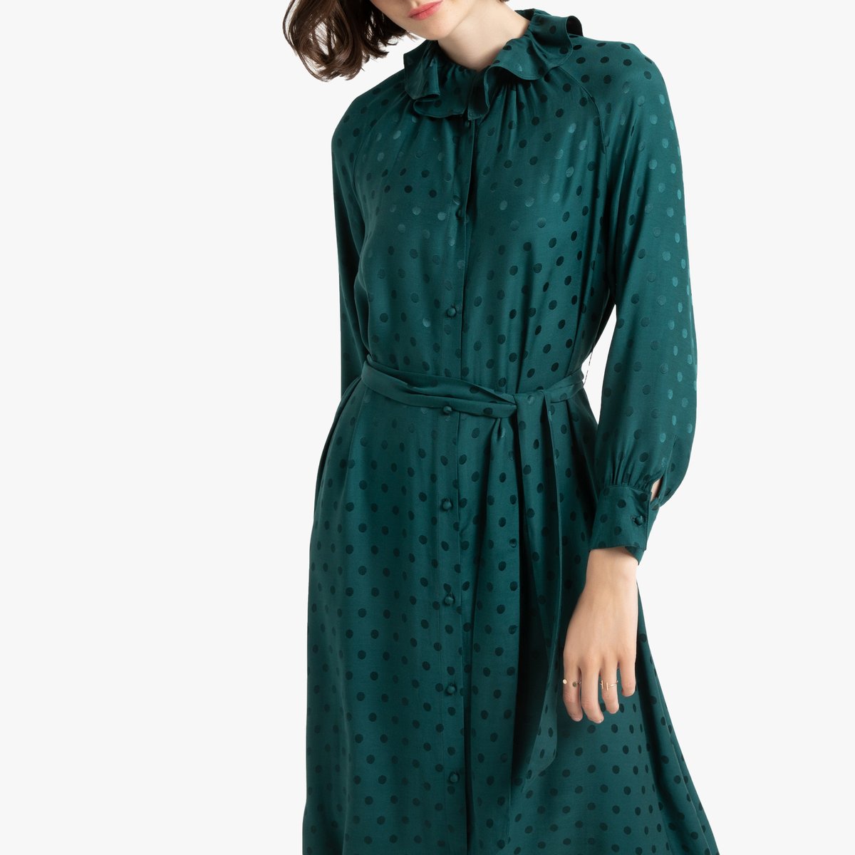 Платье-рубашка LaRedoute Миди с длинными жаккардовыми рукавами 40 зеленый, размер 40 - фото 2