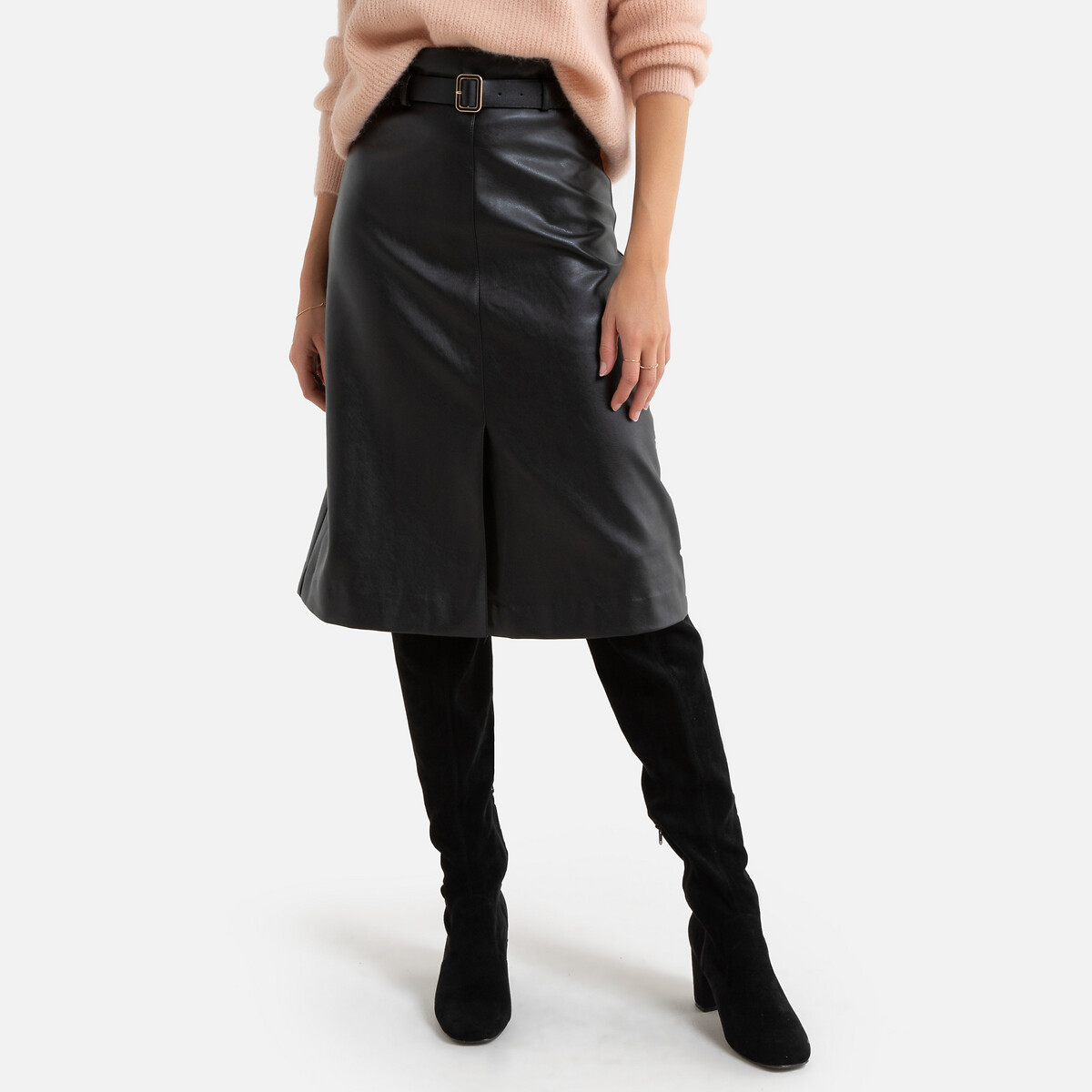 

Юбка La Redoute, Черный, Миди клеш из искусственной кожи с ремешком XS черный