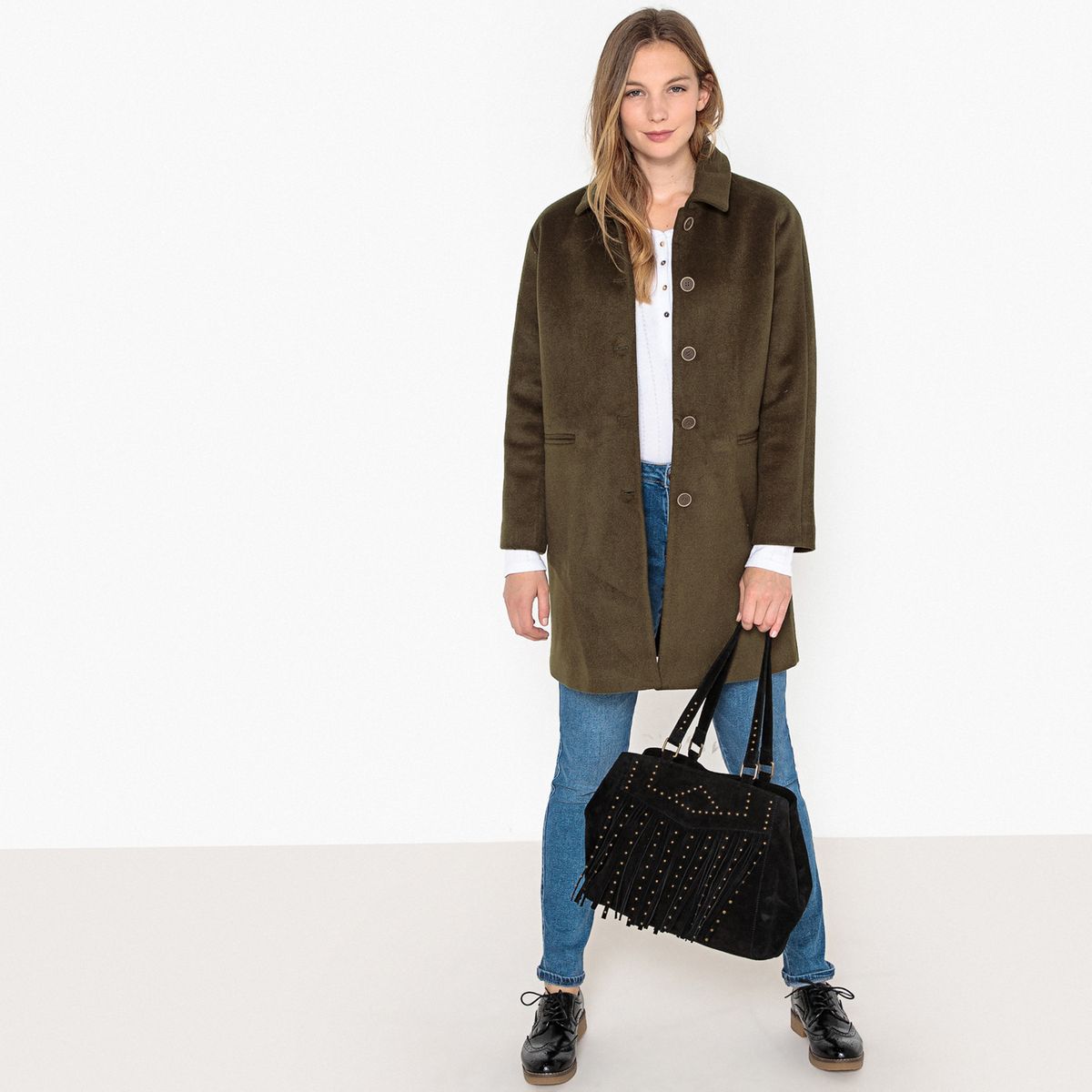 Manteau mi-long à poches, laine mélangée