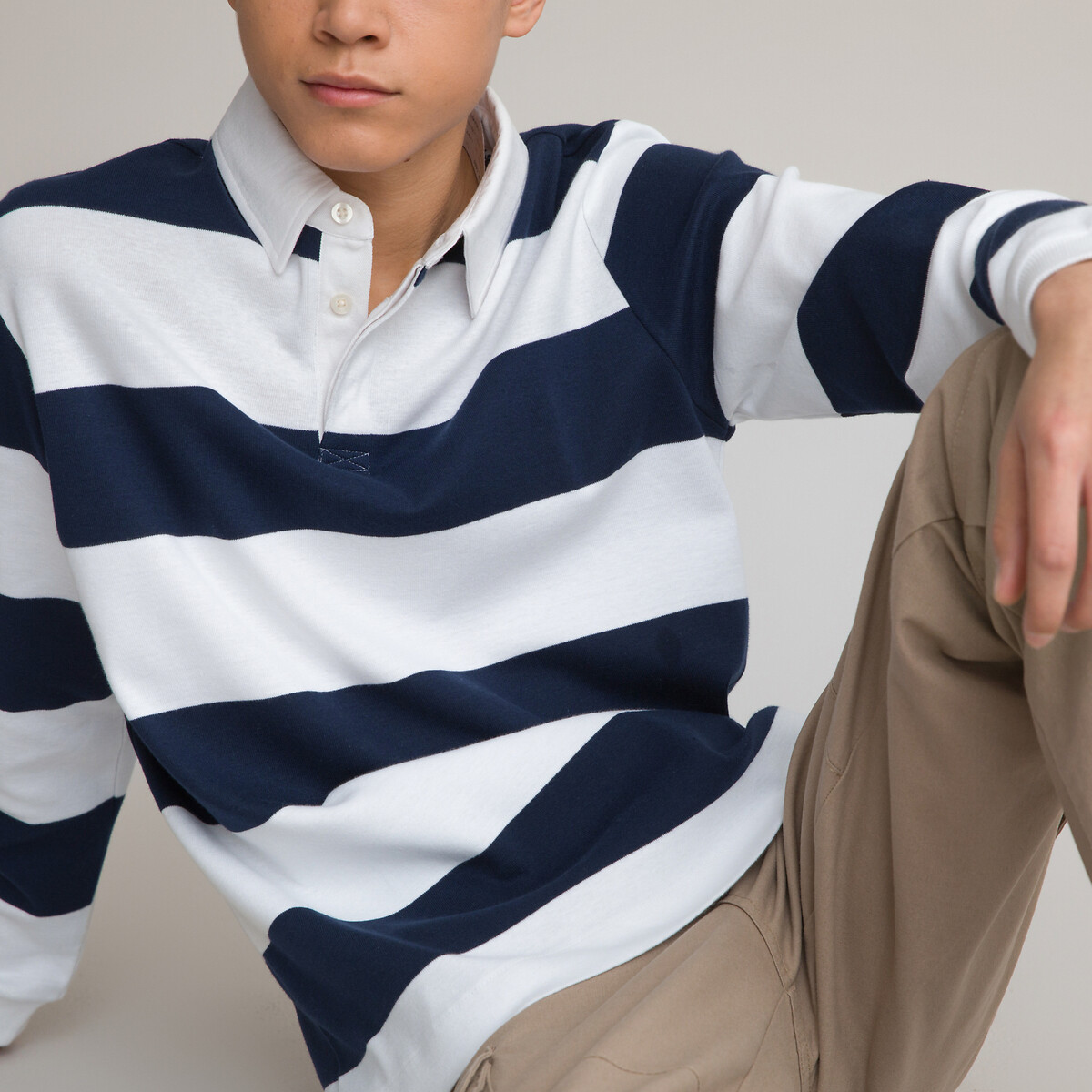 Рубашка-поло В стиле регби с длинными рукавами в полоску 18 синий