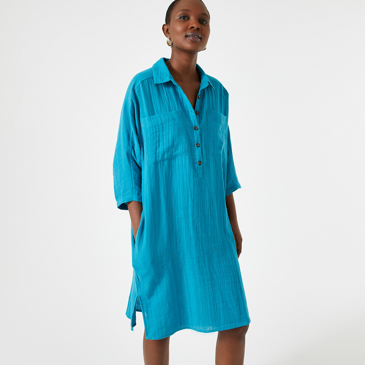 Платье прямое длиной до колен из 100 хлопка  42 синий LaRedoute, размер 42 - фото 1