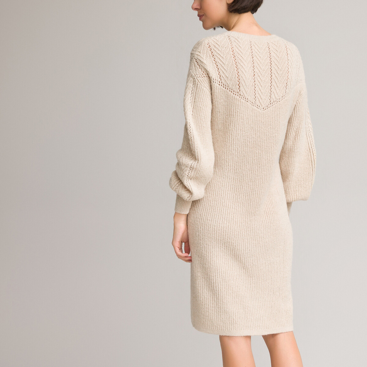 Платье-пуловер LaRedoute Короткое круглый вырез и длинные рукава L бежевый, размер L - фото 4