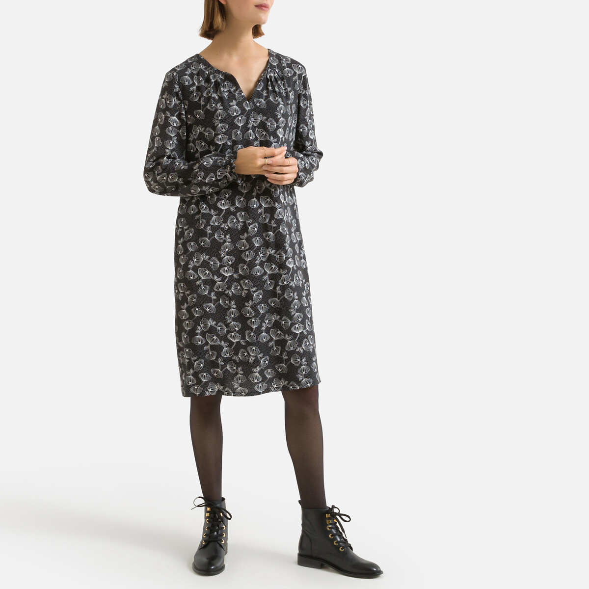 Платье LaRedoute Прямое средней длины с цветочным принтом 52 черный, размер 52 - фото 2