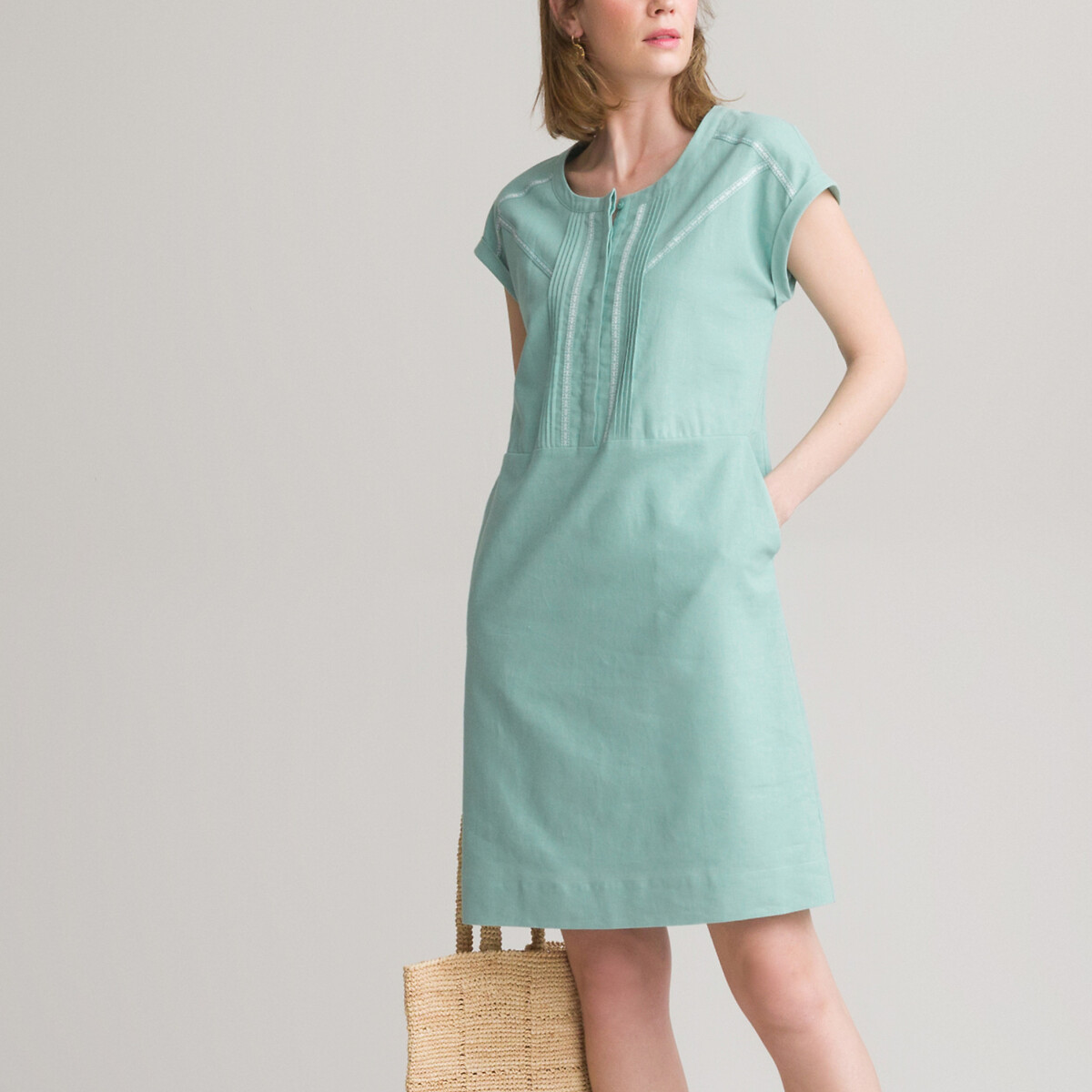 Платье ANNE WEYBURN Прямое из смешанного льна короткие рукава 50 зеленый, размер 50 - фото 2