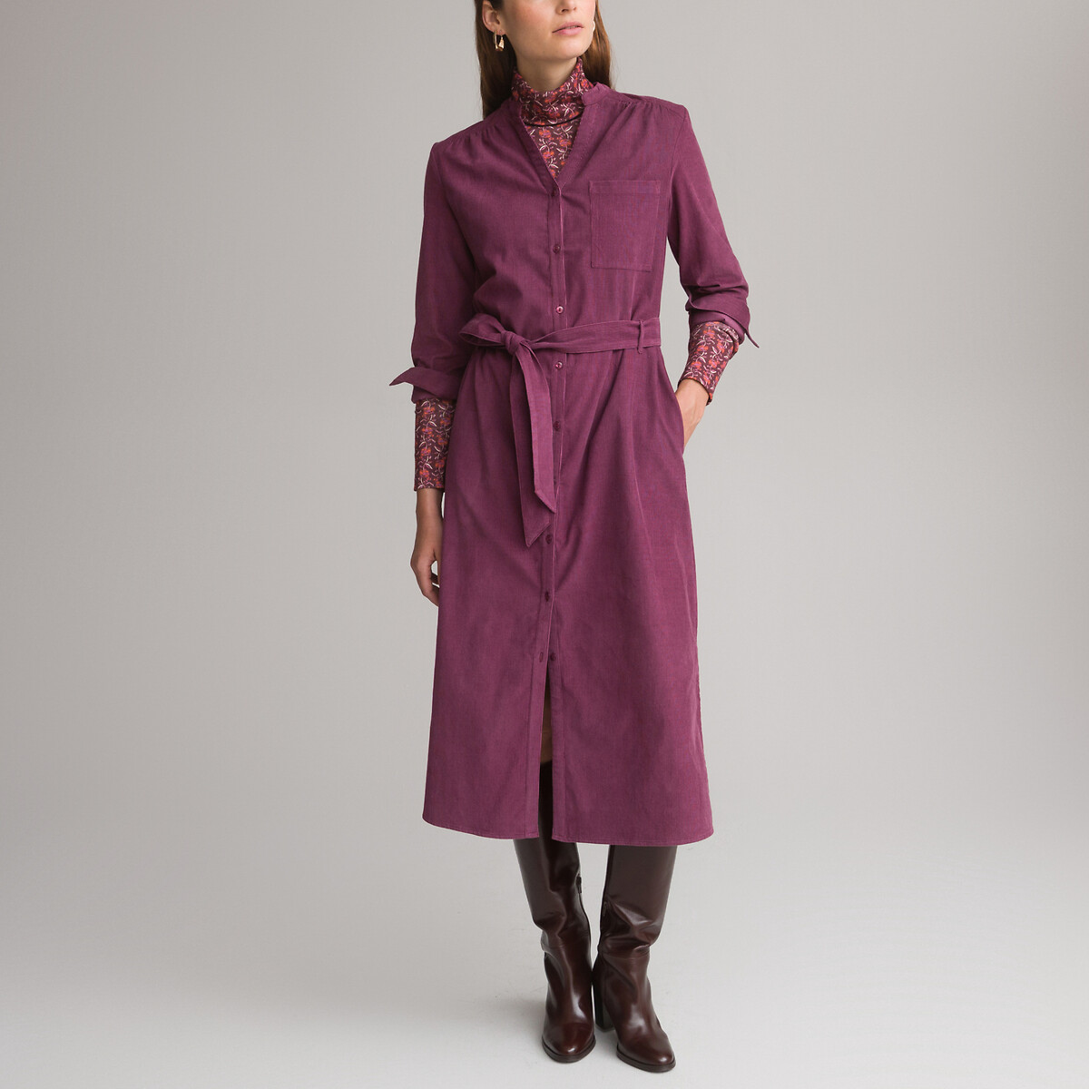 Платье прямое из рифленого велюра длинные рукава  42 фиолетовый LaRedoute, размер 42 - фото 1