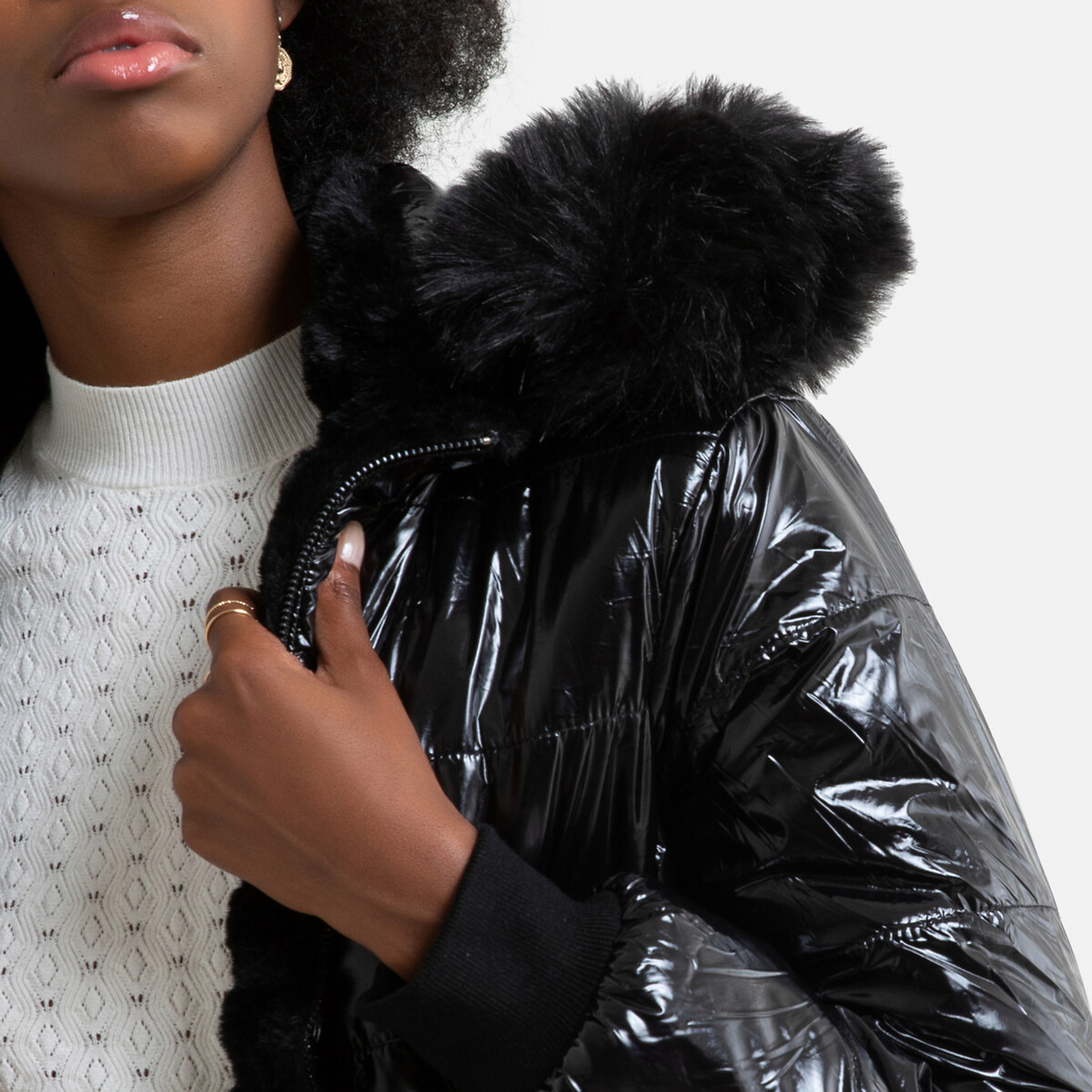 Куртка La Redoute Стеганая двухсторонняя капюшон с искусственным мехом L черный, размер L - фото 3