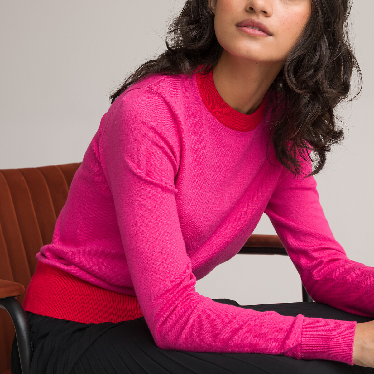 Пуловер LA REDOUTE COLLECTIONS Пуловер Двухцветный с круглым вырезом из тонкого трикотажа S розовый, размер S - фото 3
