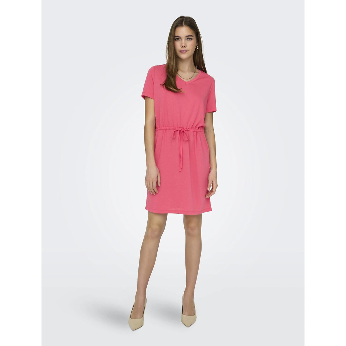 Платье короткое с V-образным вырезом короткими рукавами с завязками  XL розовый LaRedoute, размер XL - фото 1