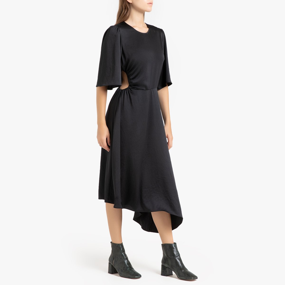 Платье-миди LaRedoute Атласное асимметричное NORA 2(M) черный, размер 2(M) Атласное асимметричное NORA 2(M) черный - фото 1