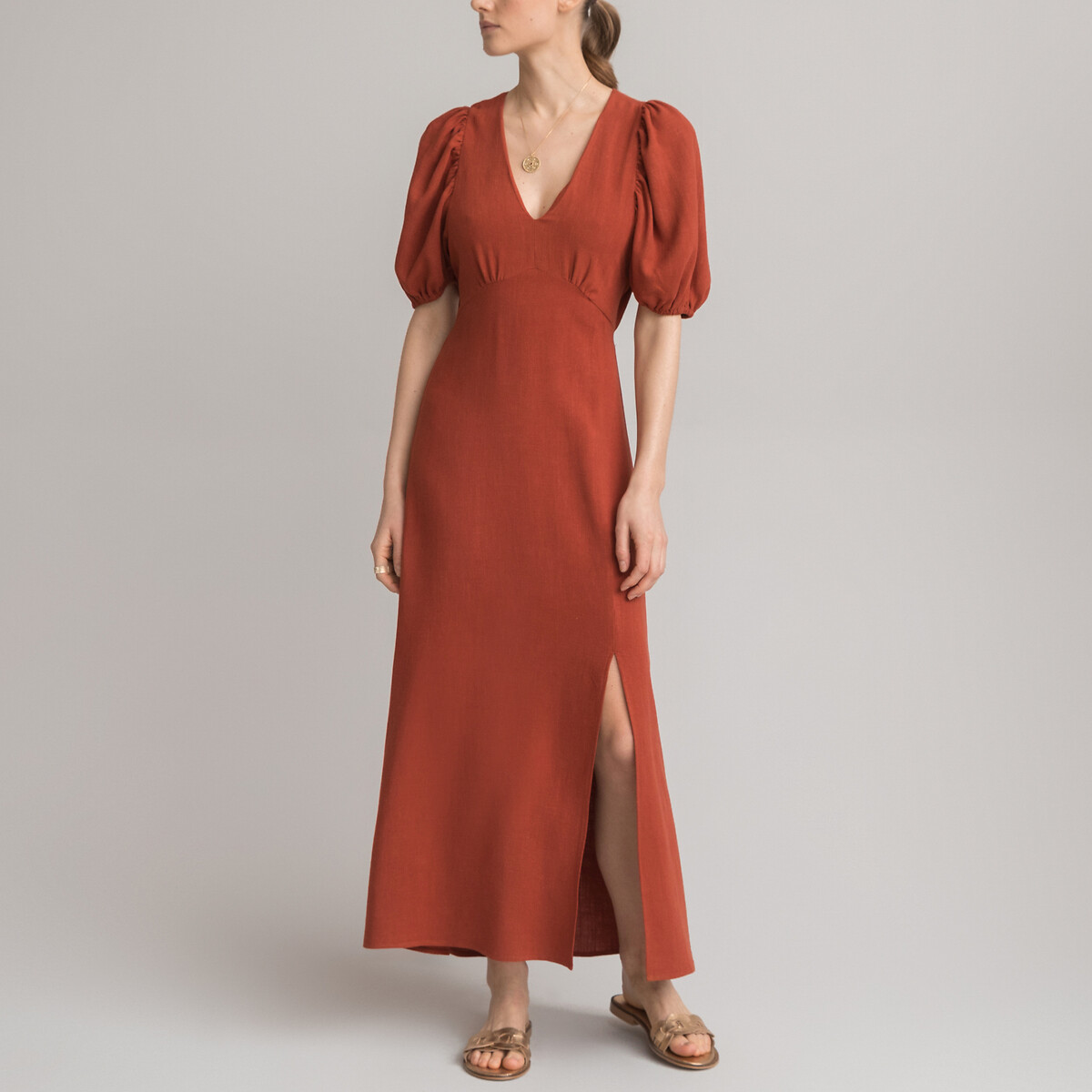 Платье LA REDOUTE COLLECTIONS Длинное расклешенное с V-образным вырезом декольте на спинке 46 каштановый, размер 46 - фото 2
