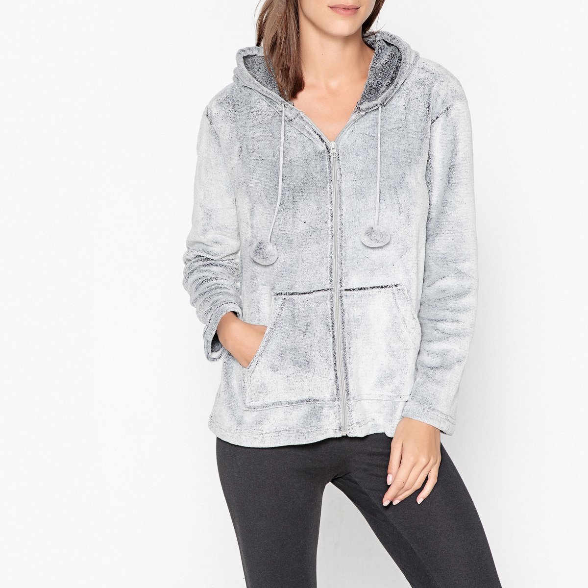 Image of Hooded Zip-Up Loungewear Jacket with Pompoms