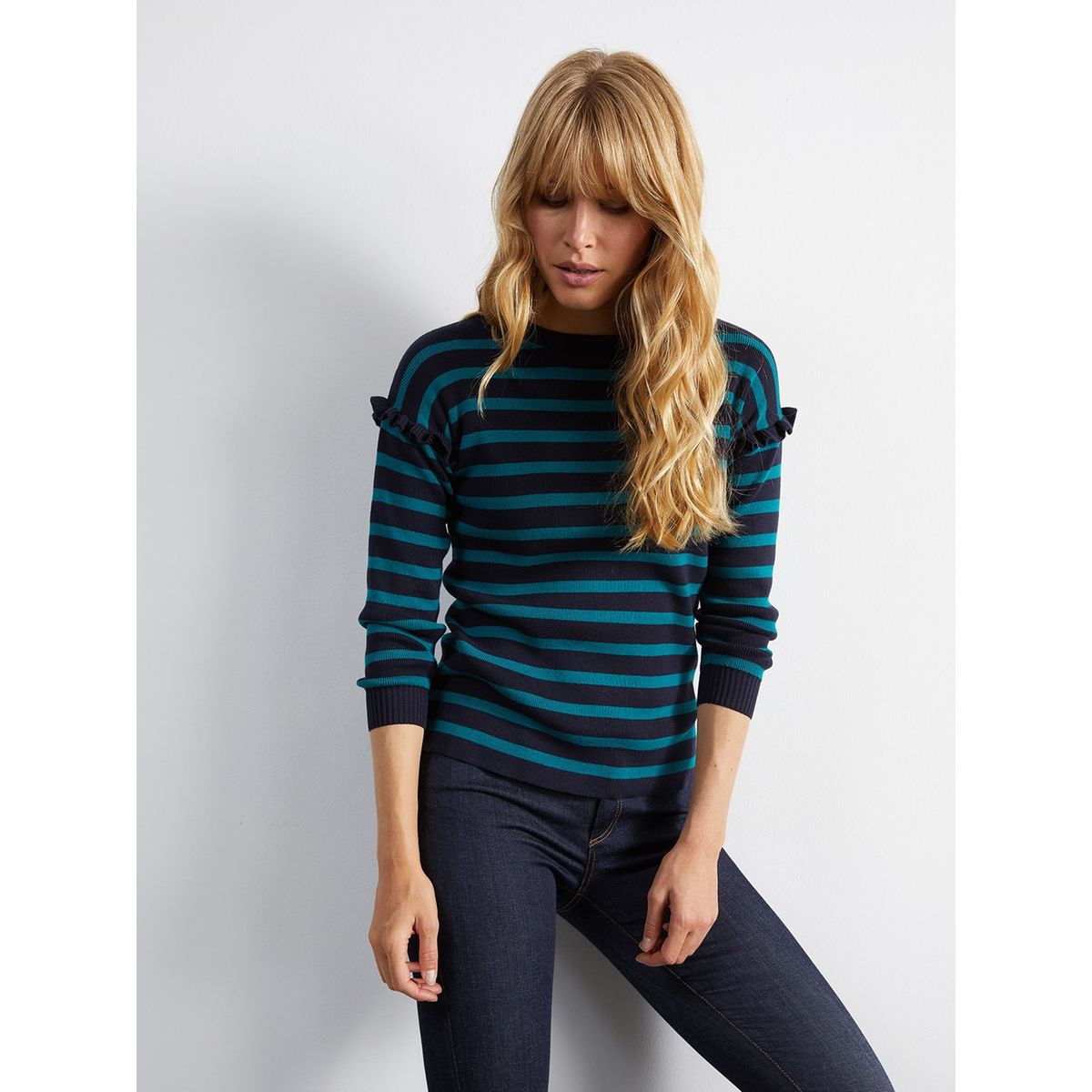 Pull marinière femme manches volantées