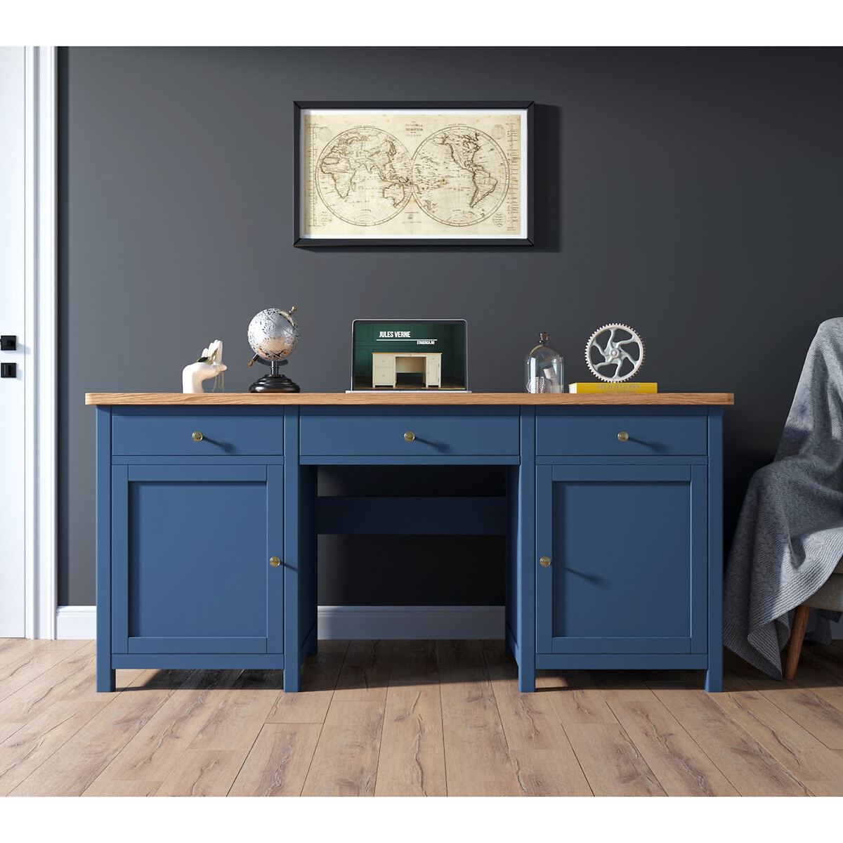 рабочий стол jules verne с широкой тумбой единый размер синий Большой рабочий стол Jules Verne  единый размер синий
