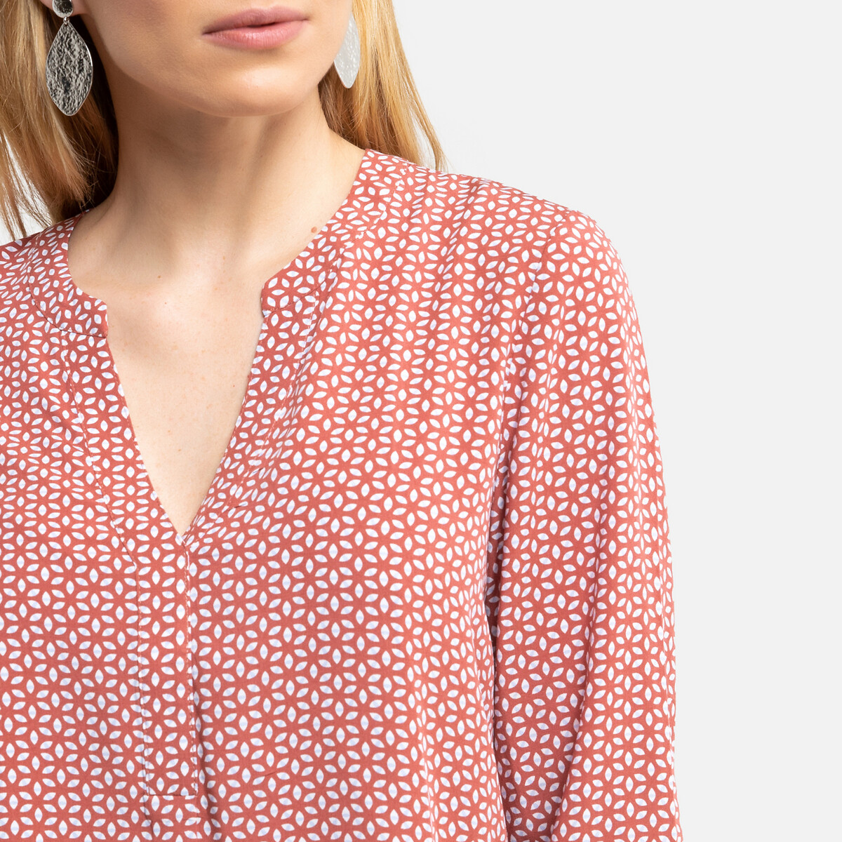 Blouse col tunisien imprimé graphique, manches 3/4