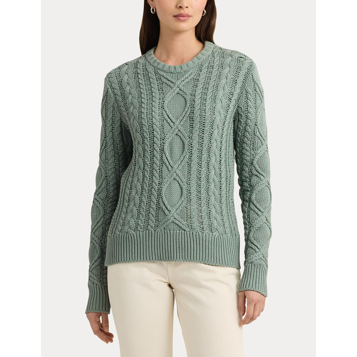 Пуловер с витым узором и круглым вырезом из хлопкового трикотажа HILVAITE XL зеленый пуловер с круглым вырезом из трикотажа с узором косы xl бежевый