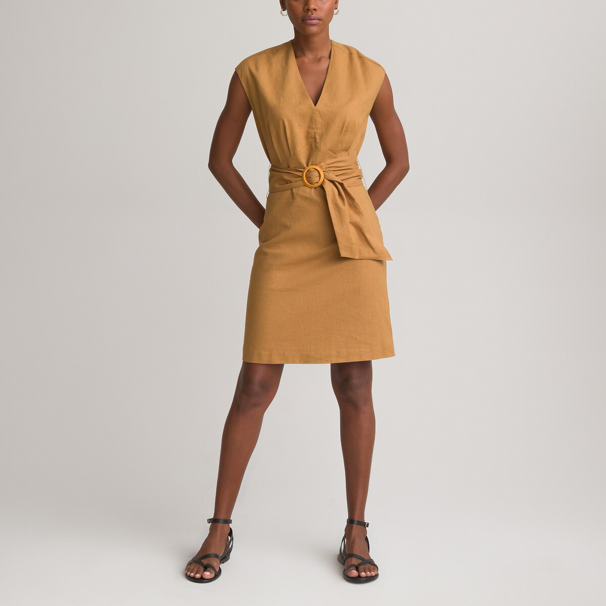 Платье LA REDOUTE COLLECTIONS Короткое с V-образным вырезом из смесового льна 50 каштановый, размер 50 - фото 2