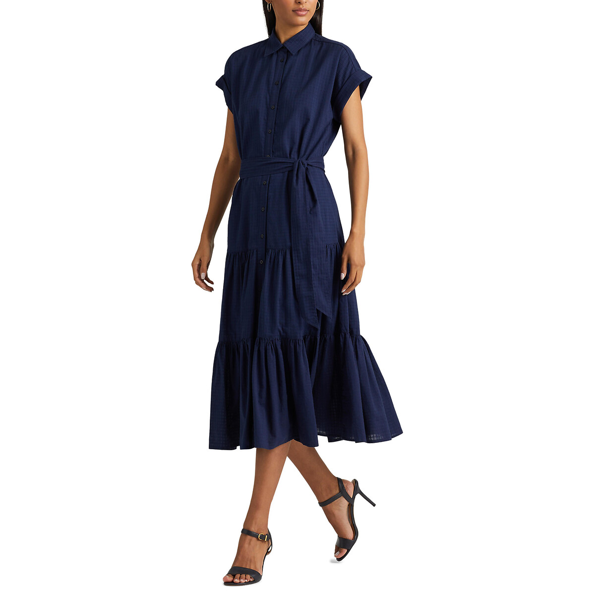 Платье Длинное на пуговицах с воланами с поясом 42 синий