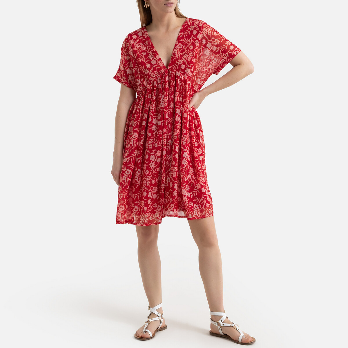 Платье LaRedoute Короткое расклешенное с цветочным рисунком M красный, размер M - фото 2