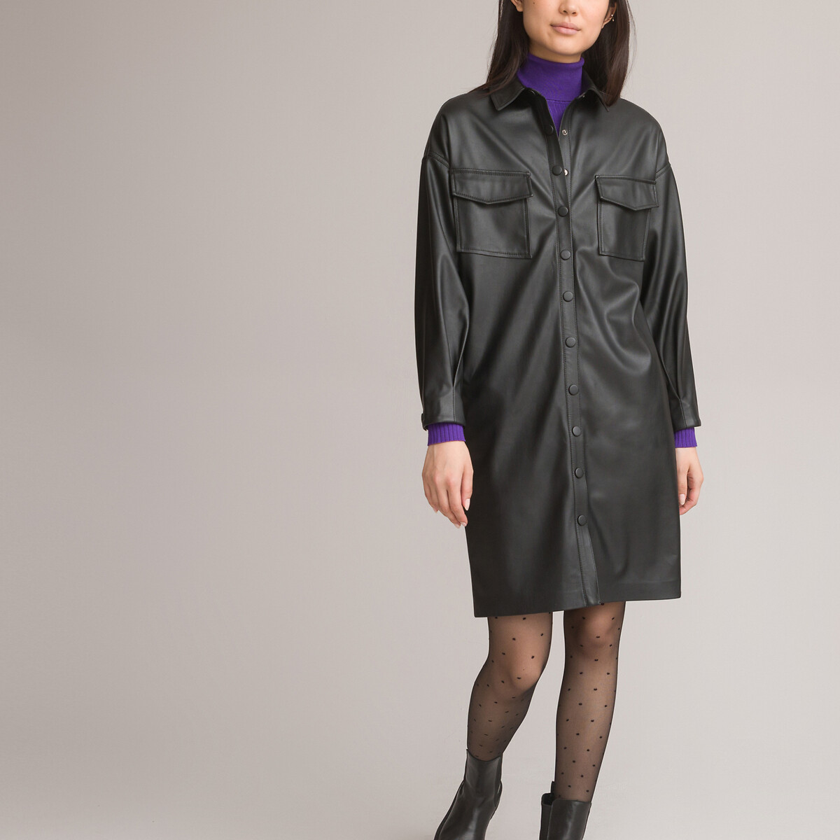 Платье-рубашка с длинными рукавами из искусственной кожи 58 черный цена и фото