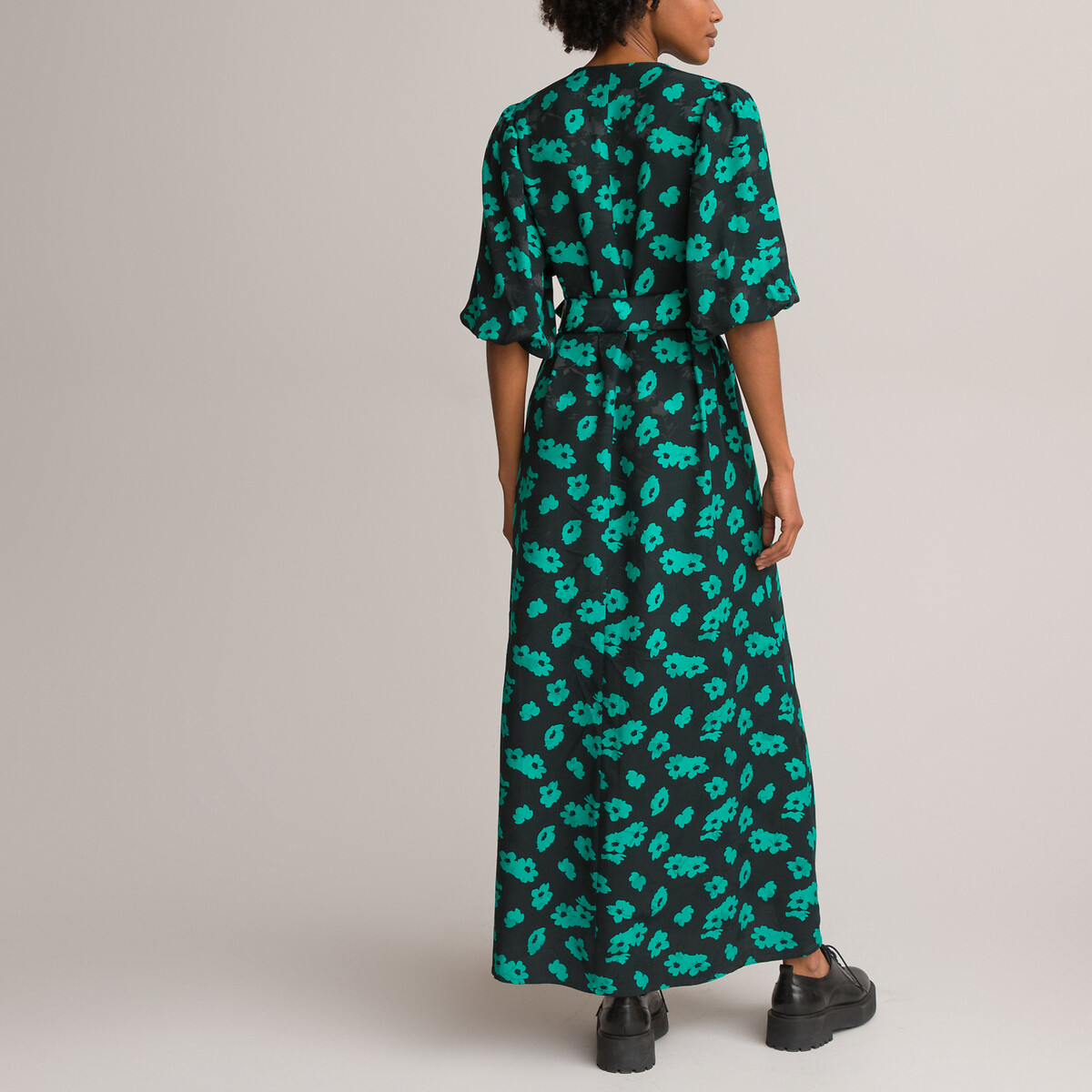 Платье Длинное с V-образным вырезом и рукавами 34 цветочный принт 56 черный LaRedoute, размер 56 - фото 4