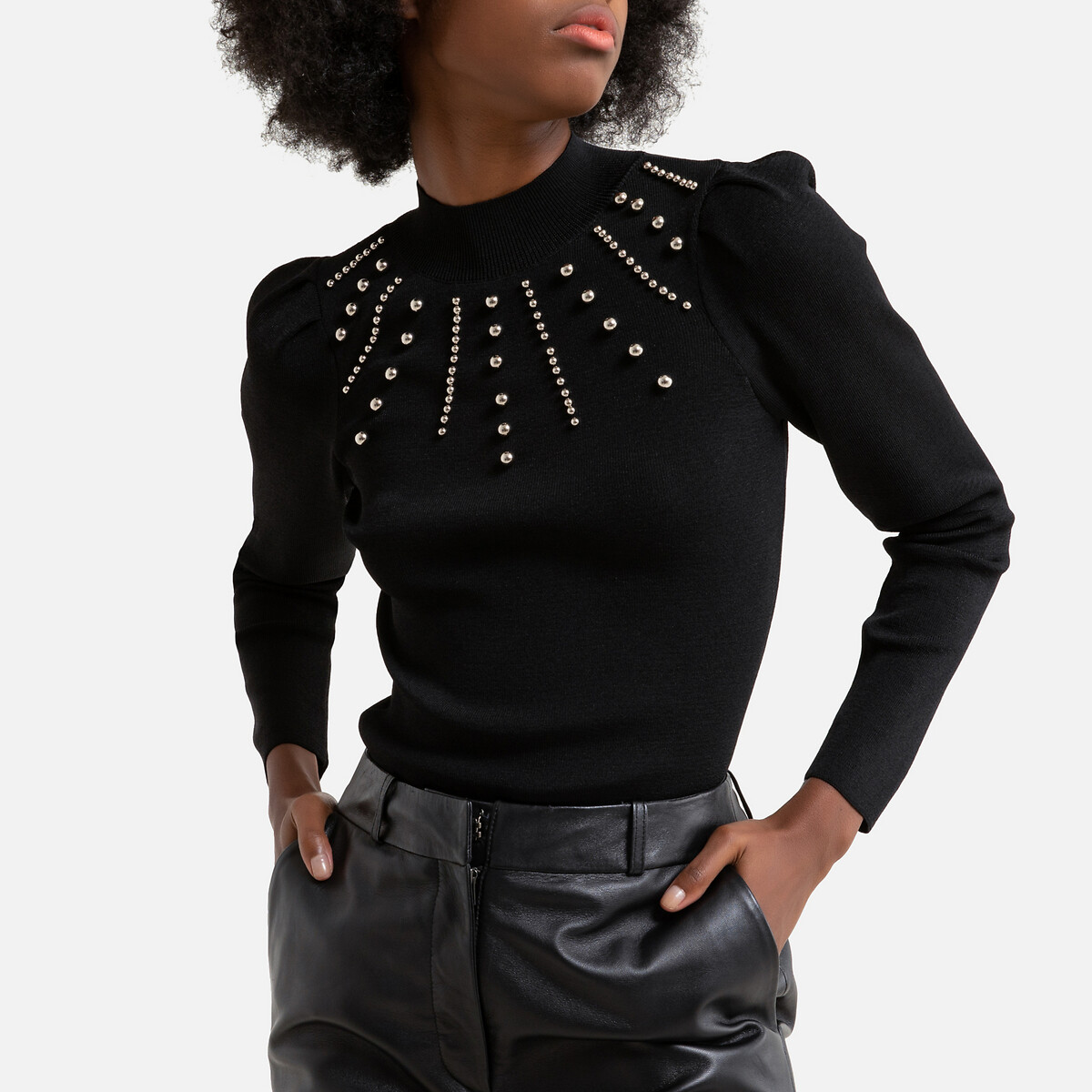 Пуловер LaRedoute Из рифленого трикотажа воротник-стойка M черный, размер M - фото 1