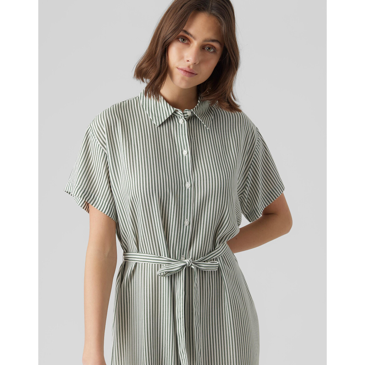 Платье-рубашка В полоску с завязками M зеленый