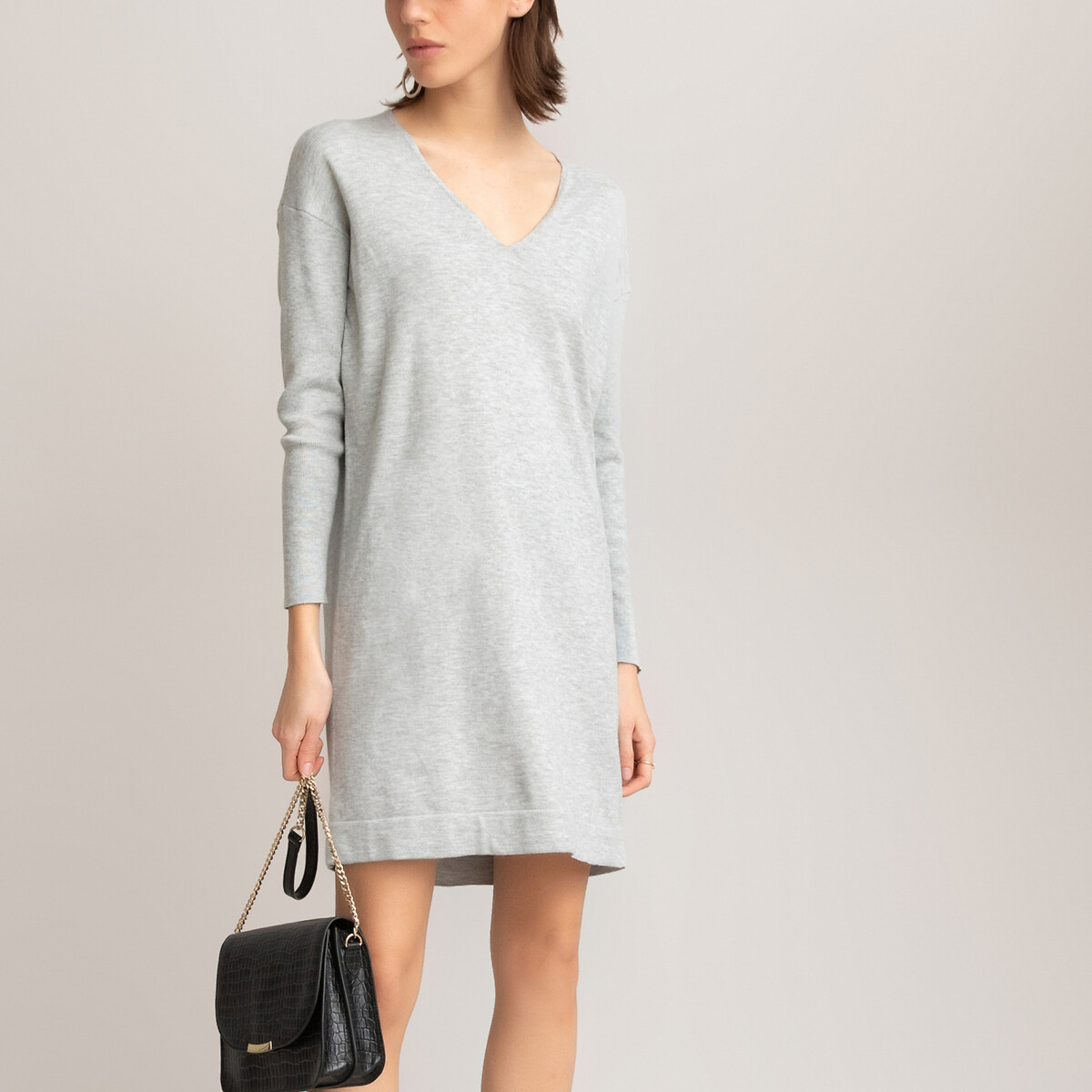 Платье-пуловер La Redoute Короткое V-образный вырез и длинные рукава из трикотажа S серый, размер S - фото 2
