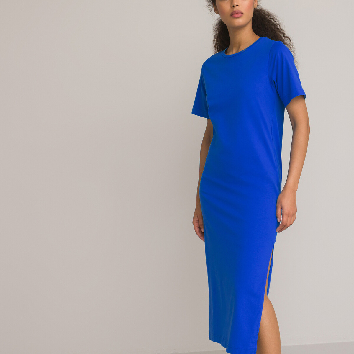 Платье-футболка Длинное с круглым вырезом и короткими рукавами XS синий LaRedoute, размер XS - фото 3