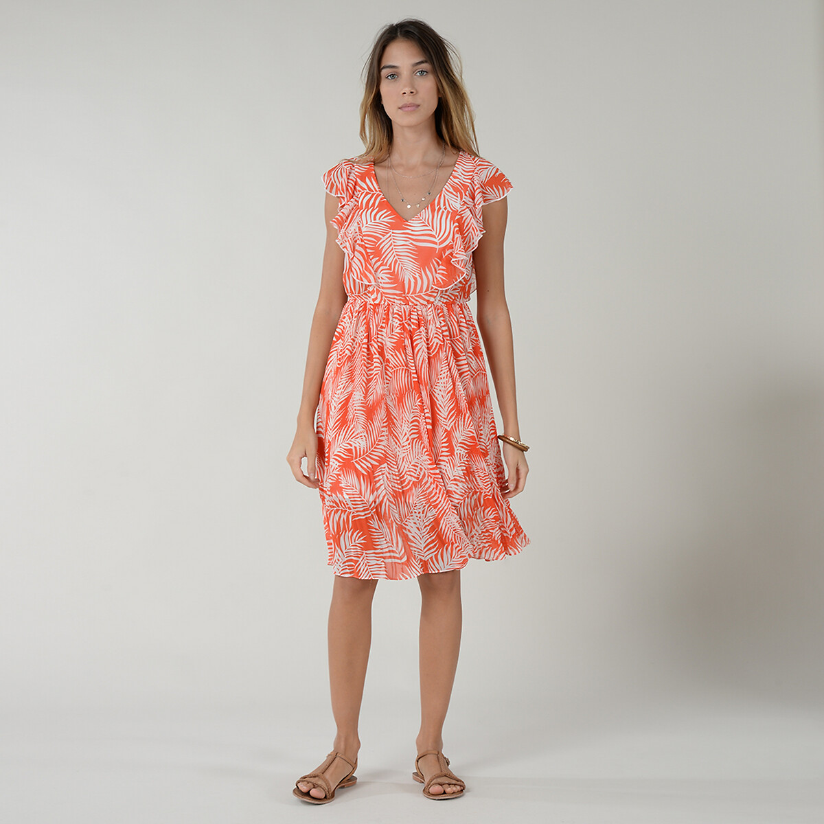 Платье LaRedoute Короткое с рисунком вставки с воланами V-образный вырез L оранжевый, размер L - фото 2