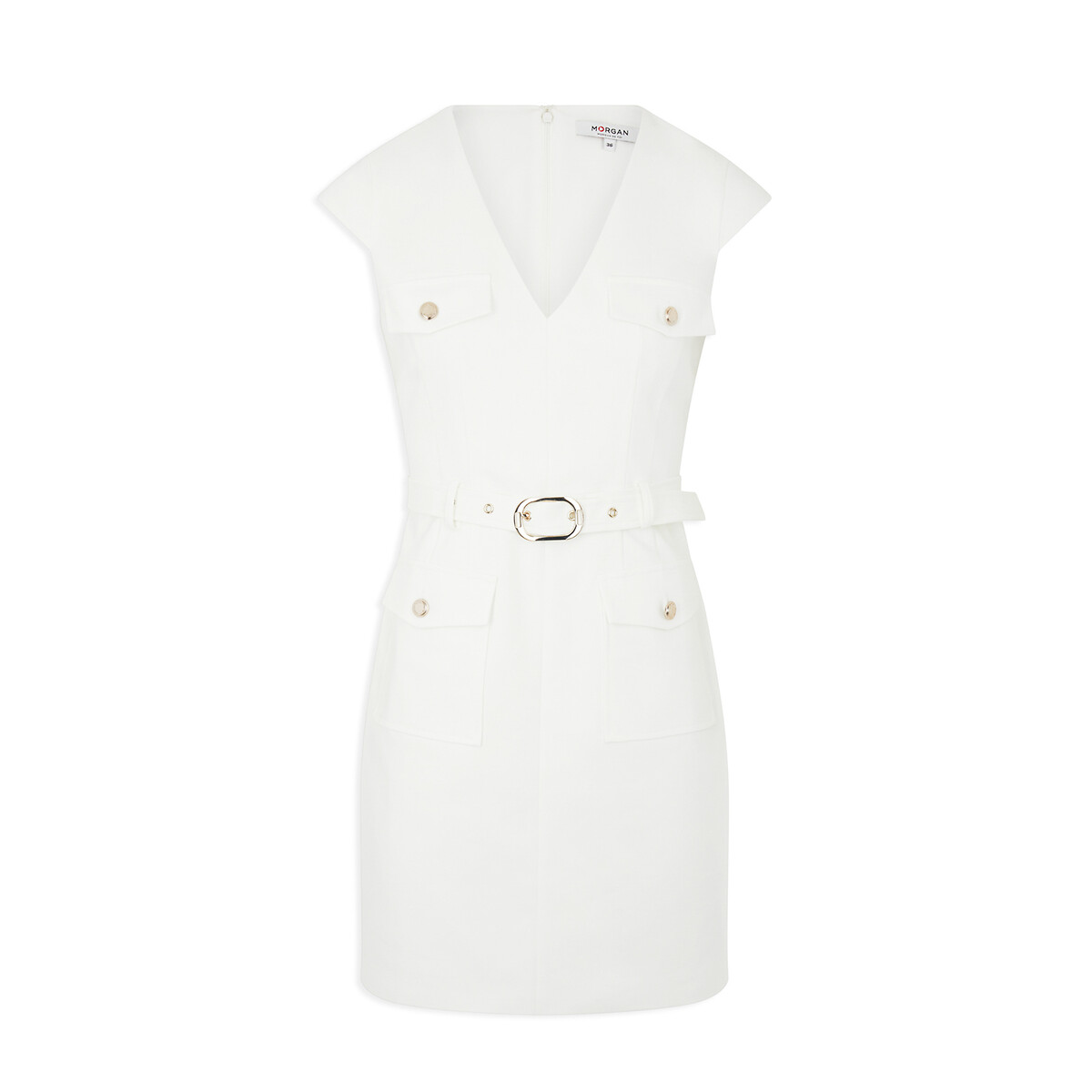 Платье Приталенное с V-образным вырезом без рукавов с поясом 40 белый LaRedoute, размер 40 - фото 5