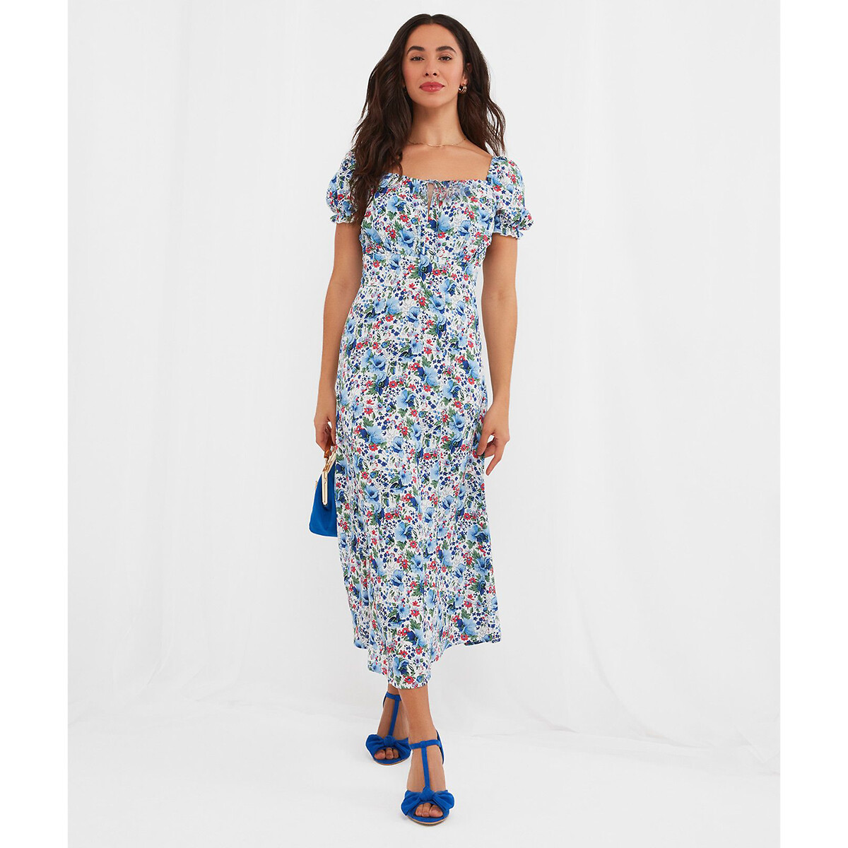Платье Длинное квадратный вырез цветочный принт 42 синий LaRedoute, размер 42 - фото 1