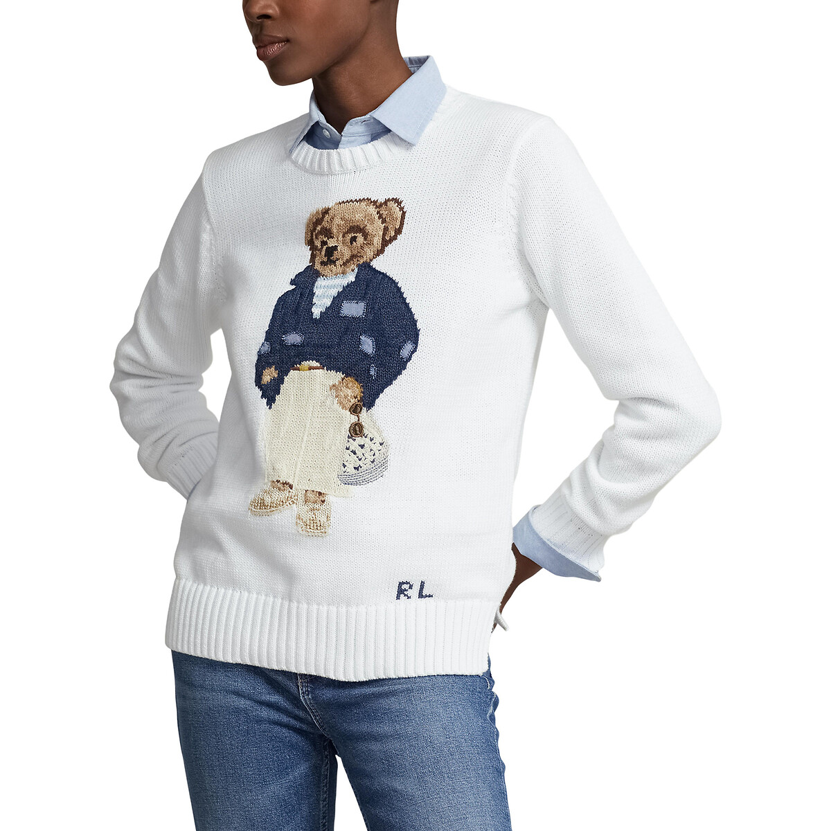 Пуловер С круглым вырезом из трикотажа 100 хлопок принт медвежонок M белый