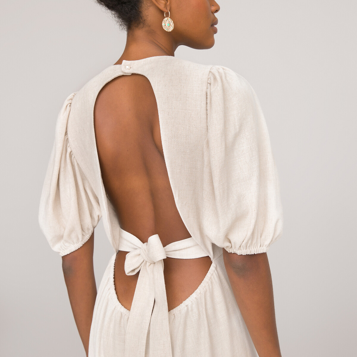 Платье LA REDOUTE COLLECTIONS Длинное расклешенное с V-образным вырезом декольте на спинке 42 бежевый, размер 42 - фото 2