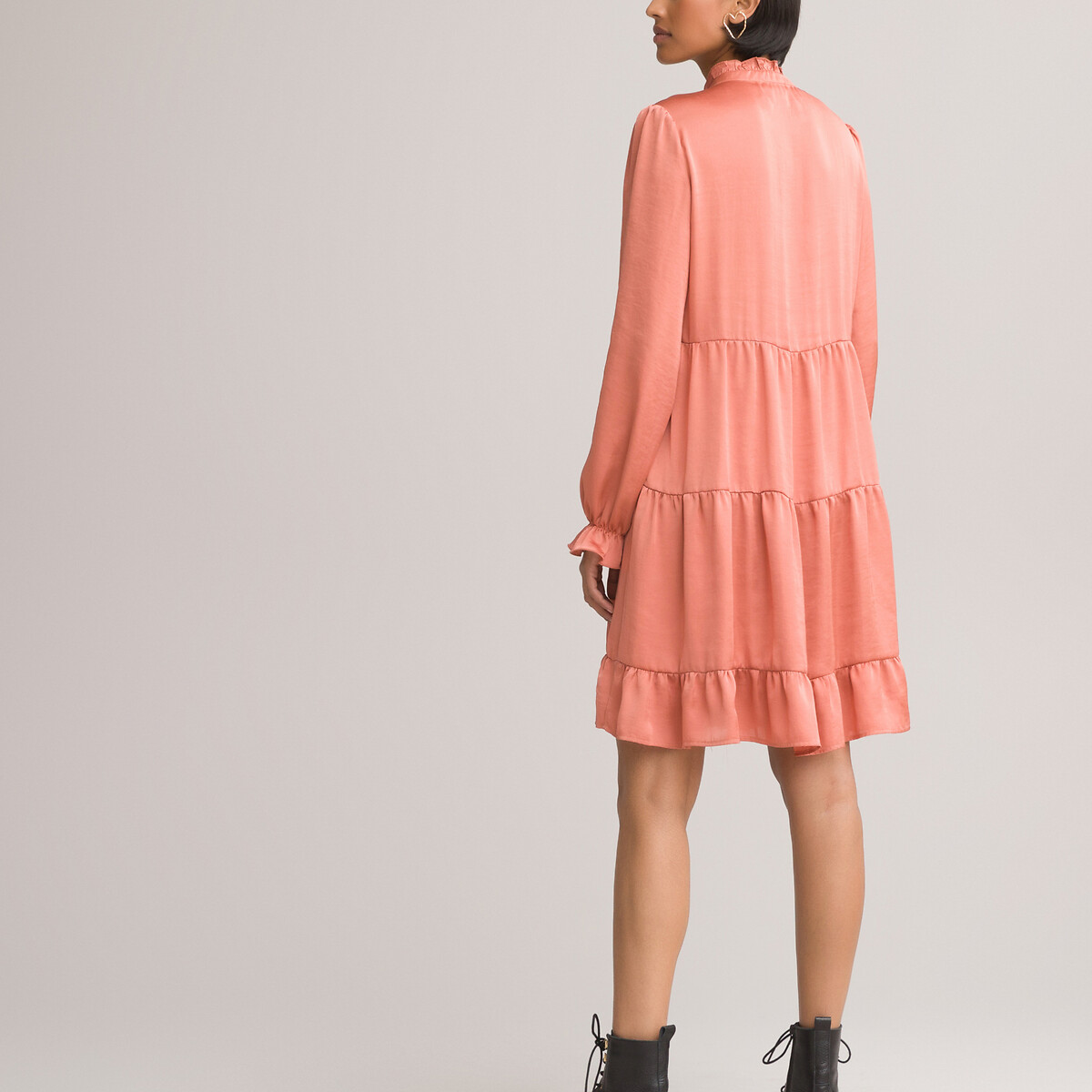 Платье LaRedoute В стиле baby doll с воланами из атласной ткани 46 розовый, размер 46 - фото 4