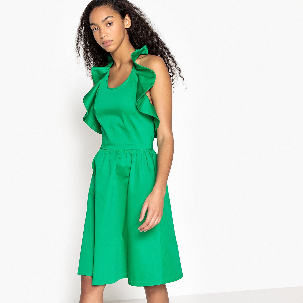 Платье LA REDOUTE COLLECTIONS Платье Расклешенное с открытой спинкой и воланами 40 зеленый, размер 40 - фото 1