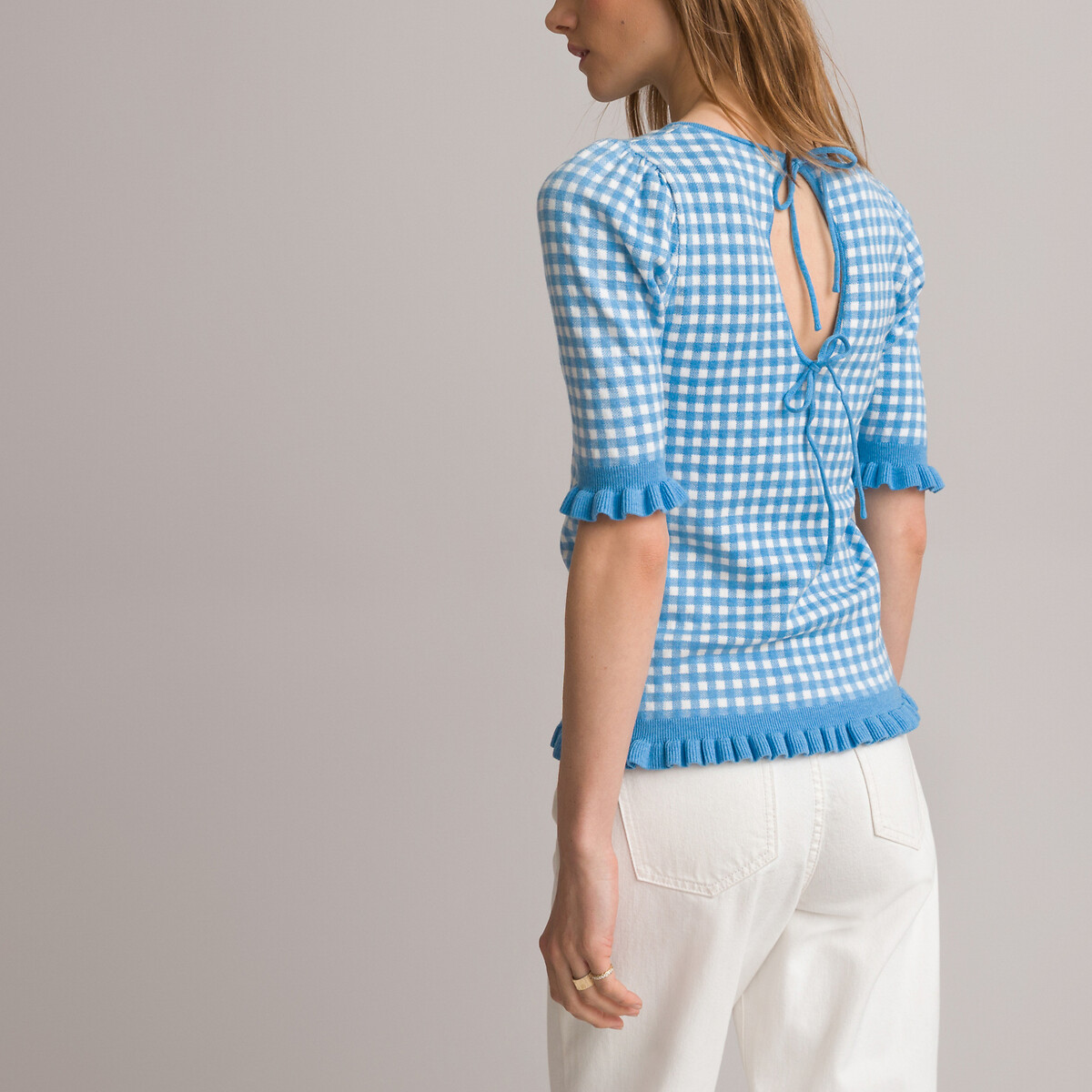 Пуловер LA REDOUTE COLLECTIONS С круглым вырезом из тонкого трикотажа с принтом виши XL синий, размер XL - фото 4