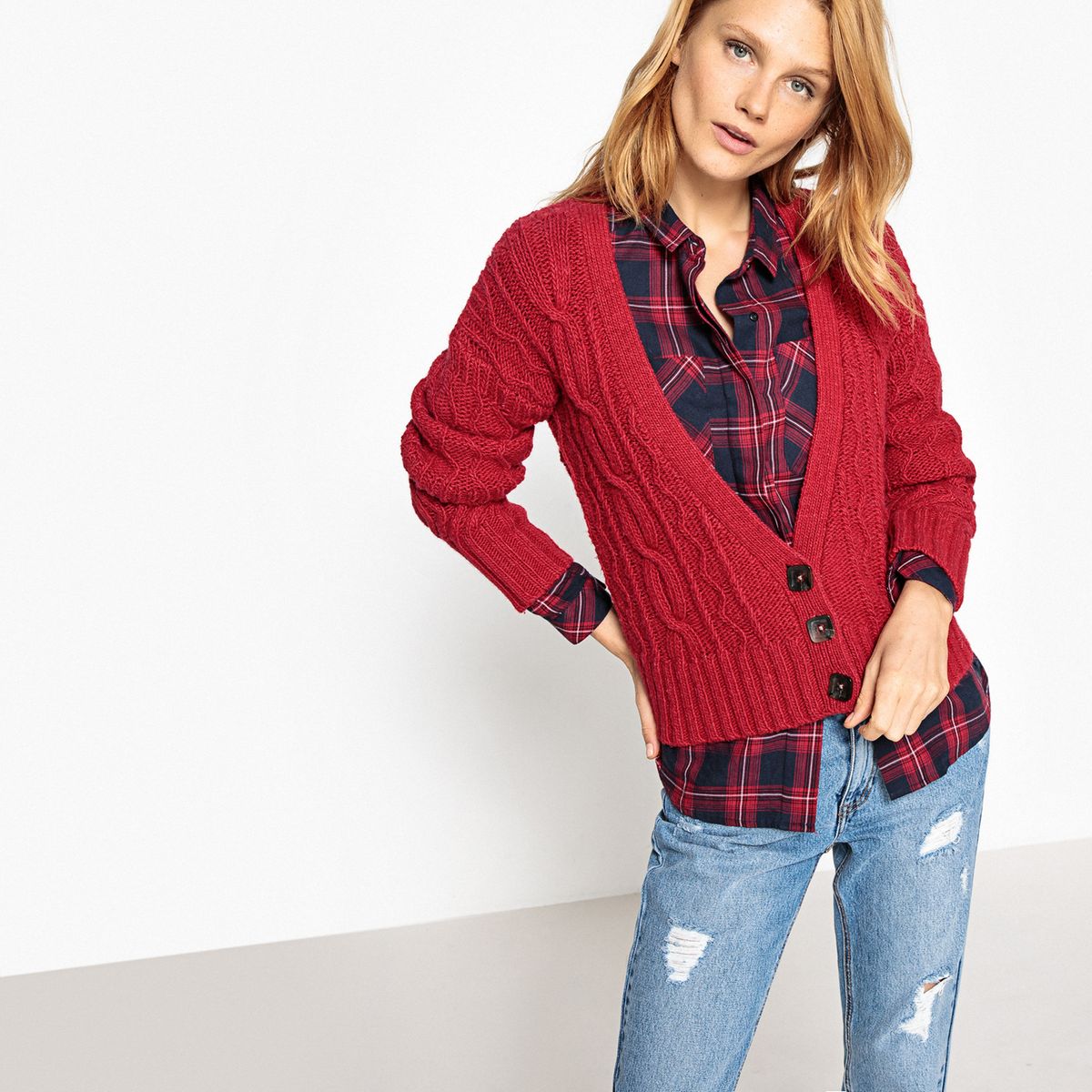 Cardigan col v boutonné, laine