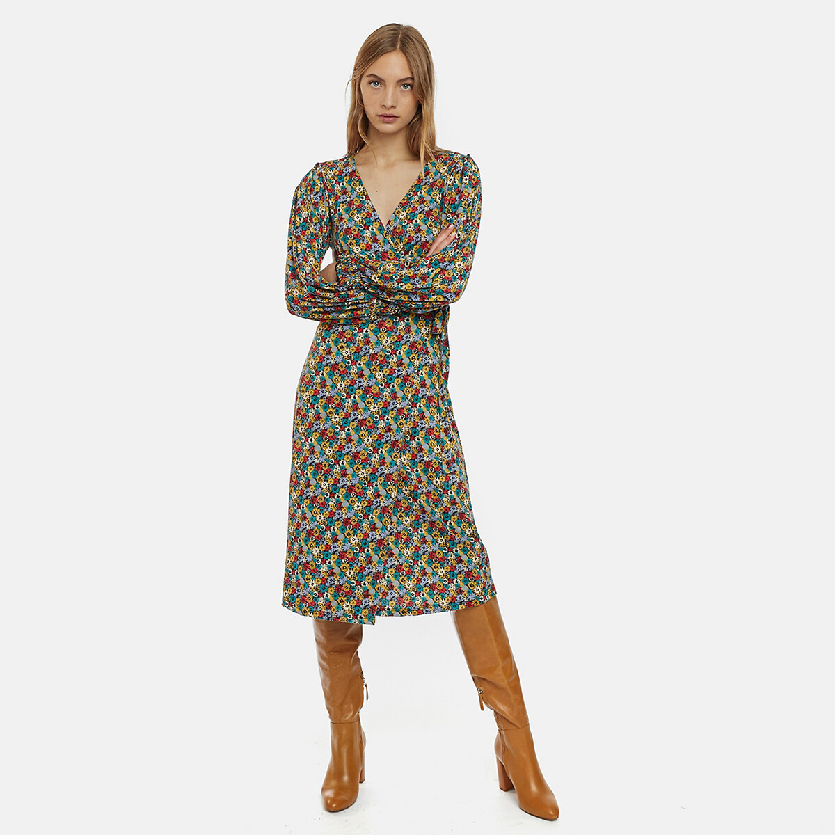 Платье La Redoute С цветочным узором длинные рукава V-образный вырез L разноцветный, размер L - фото 1