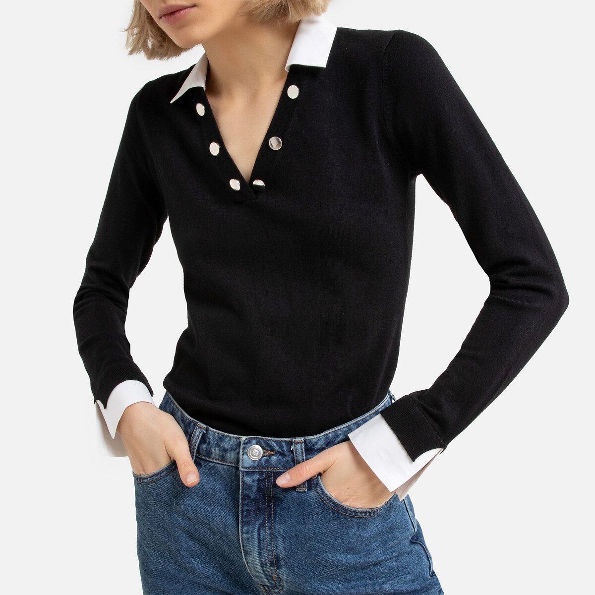 Пуловер LaRedoute Из тонкого трикотажа V-образный вырез длинные рукава L черный, размер L - фото 1