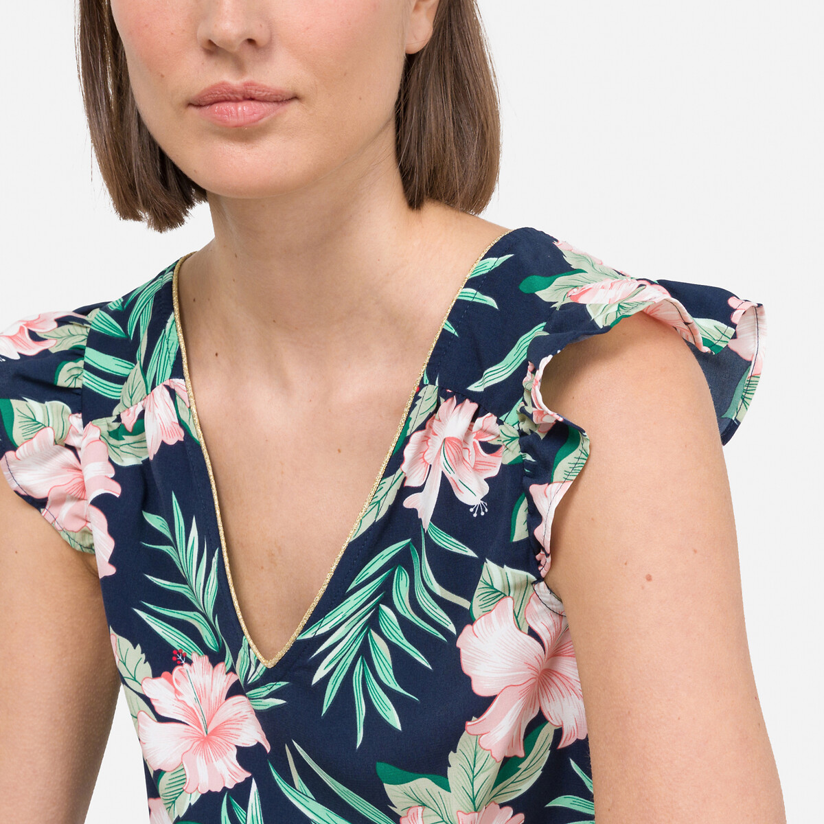 Блузка Без рукавов с цветочным принтом XS синий LaRedoute, размер XS - фото 3