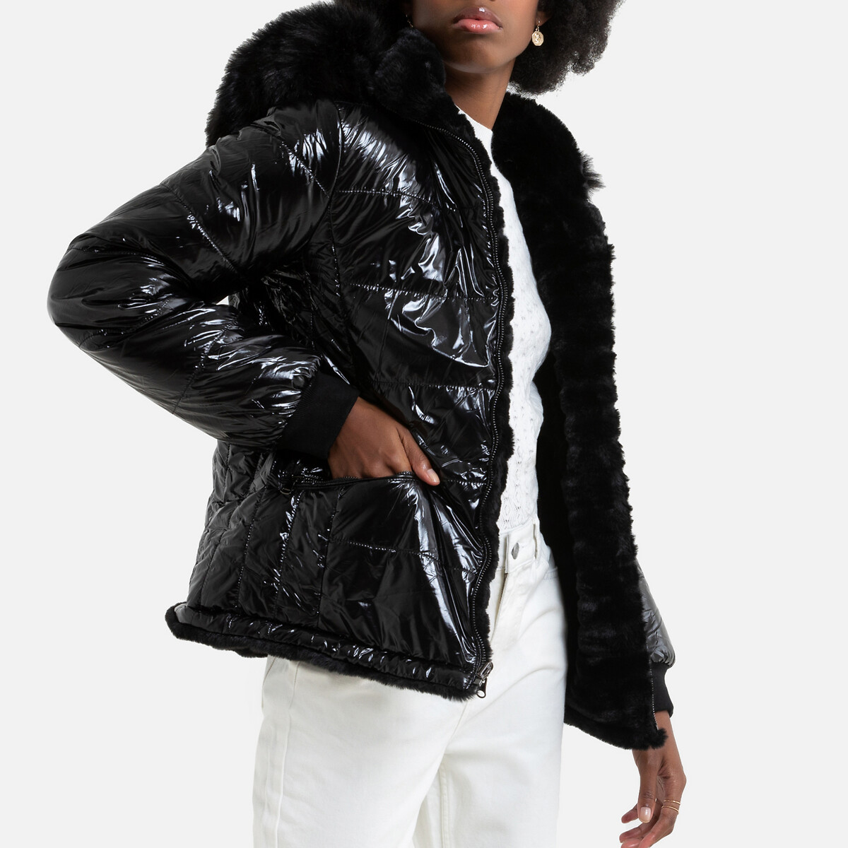 Куртка La Redoute Стеганая двухсторонняя капюшон с искусственным мехом L черный, размер L - фото 1