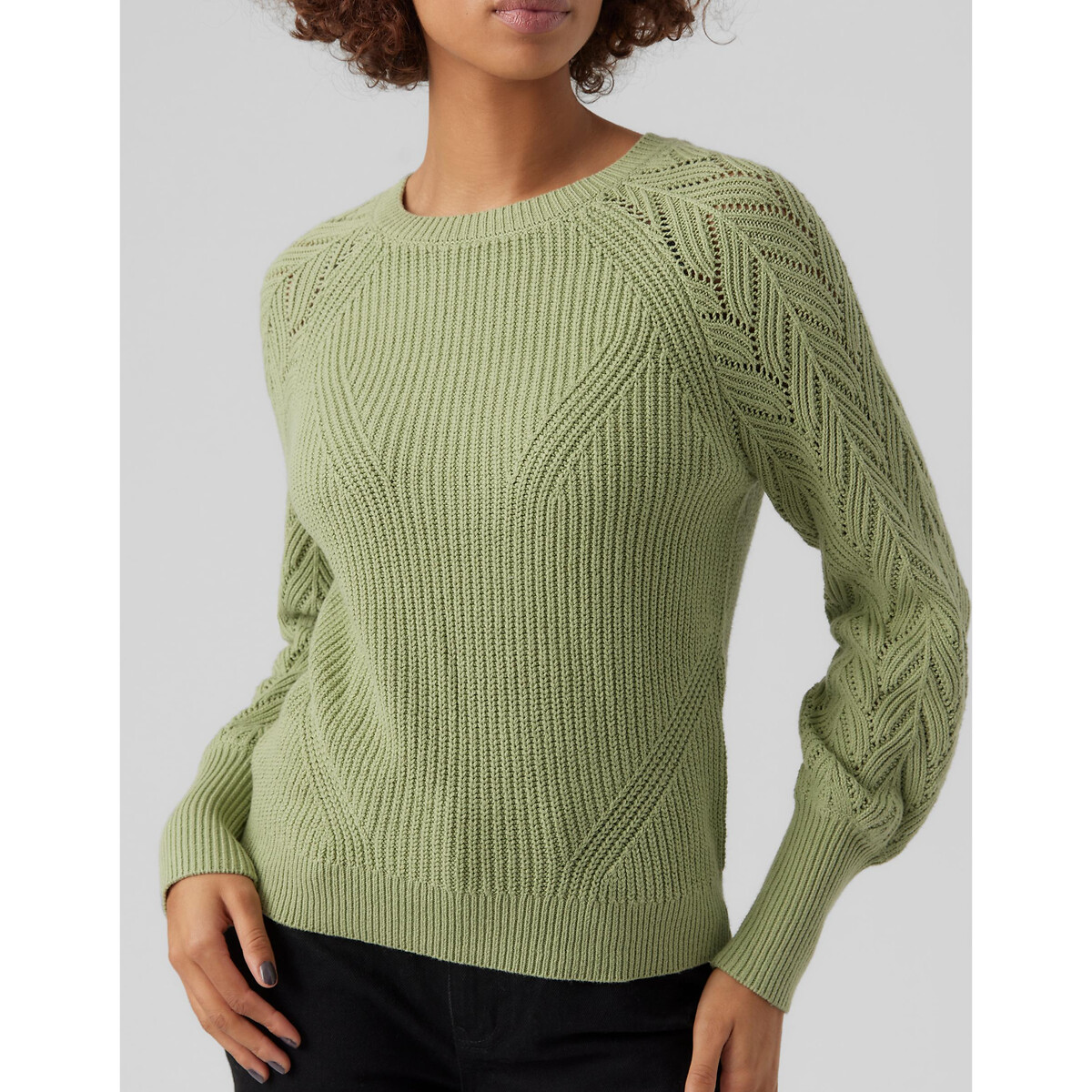 Пуловер С круглым вырезом рукава из ажурного трикотажа L зеленый