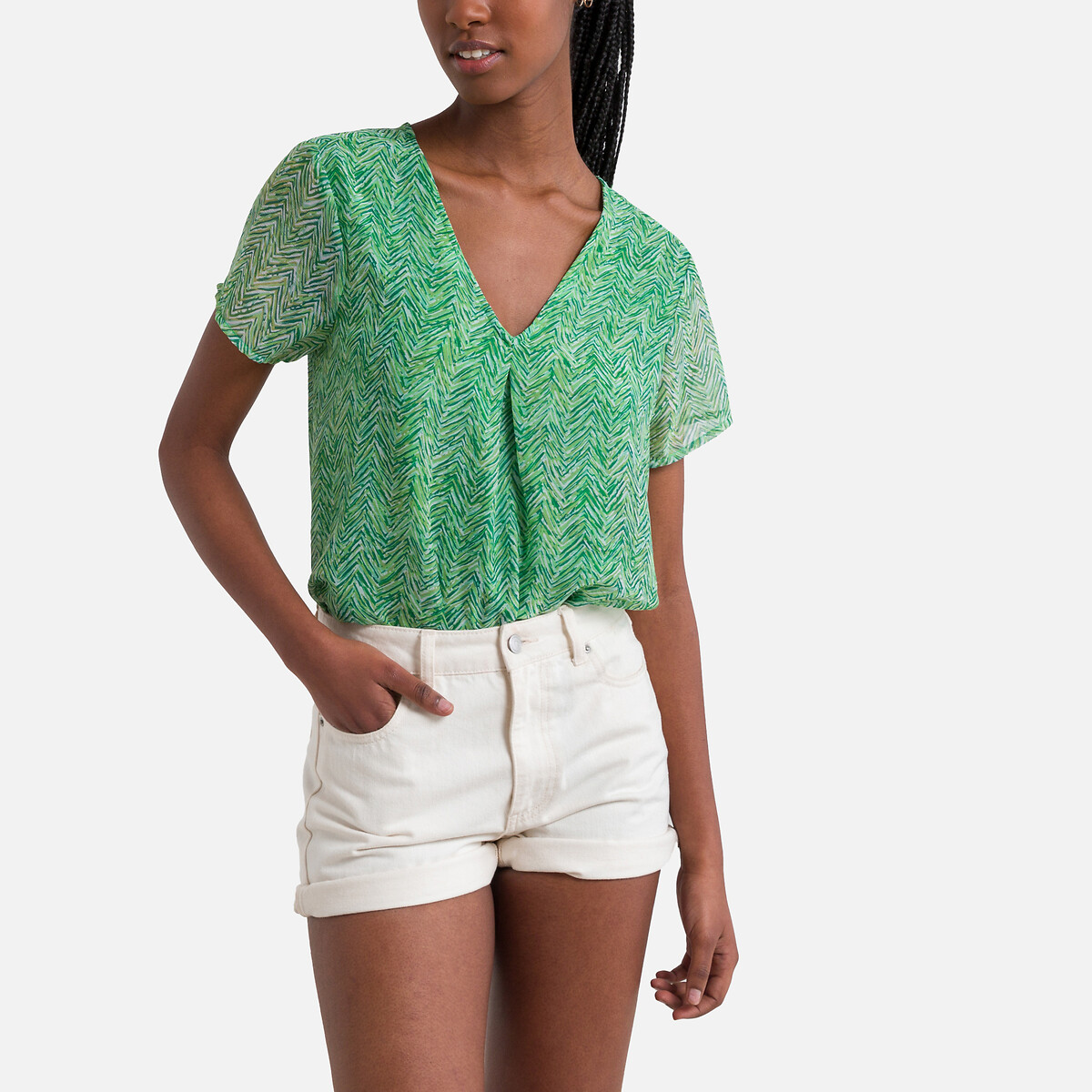 Блузка С принтом и V-образным вырезом XL зеленый