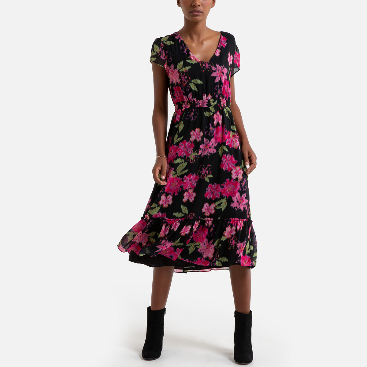 Платье LaRedoute Длинное с цветочным принтом короткие рукава L черный, размер L - фото 2